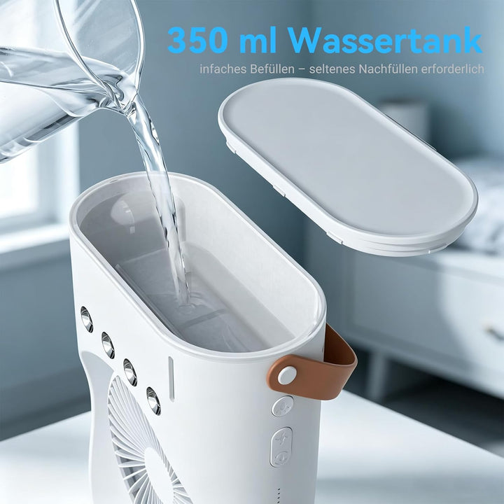Tragbarer Sprühnebel Tischventilator 350ml Tank,4 Sprühdüsen,3 Windstufen,90° Doppel-Schwenk,3 Taste