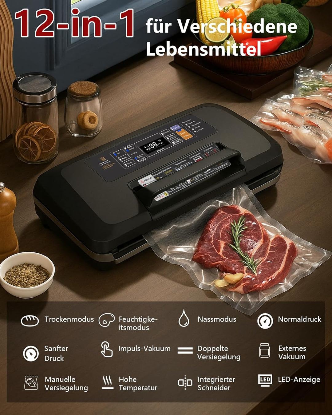 95kPa Vakumierergerät für Lebensmittel, 12-in-1 Vacuum Sealer mit Doppelter Heisssiegelung, Vakuumie