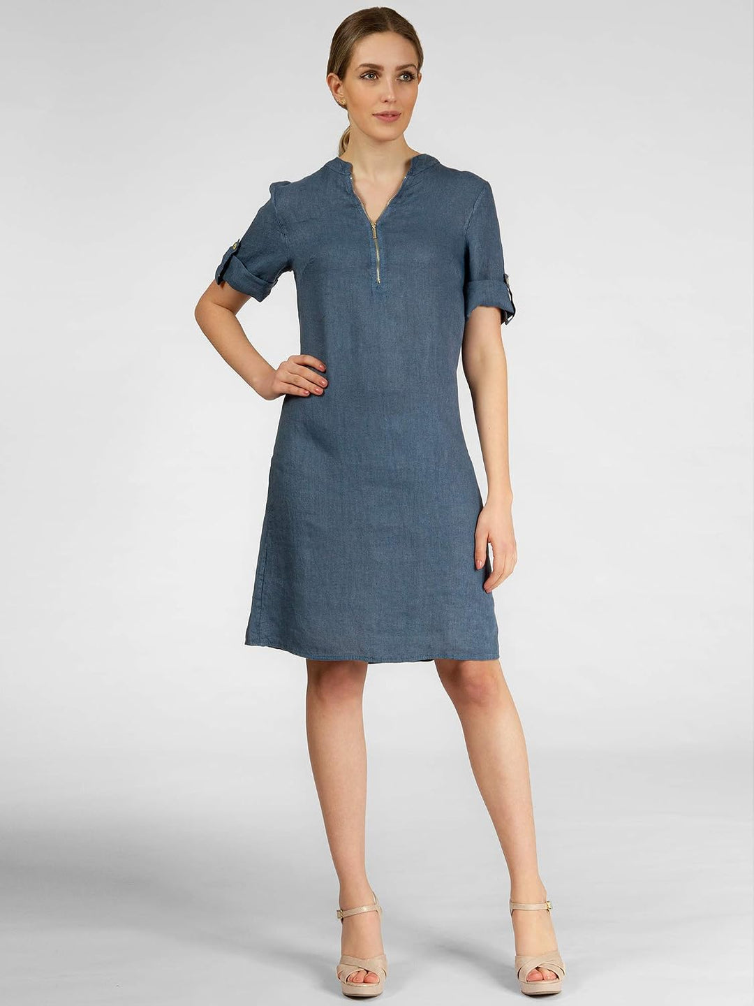 Caspar SKL037 stylisches knielanges Damen Sommer Leinenkleid mit Reissverschluss Ausschnitt 38 Jeans