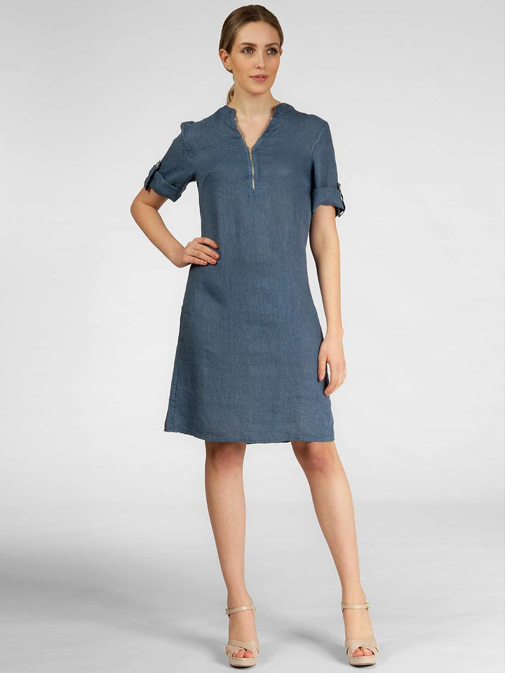 Caspar SKL037 stylisches knielanges Damen Sommer Leinenkleid mit Reissverschluss Ausschnitt 38 Jeans