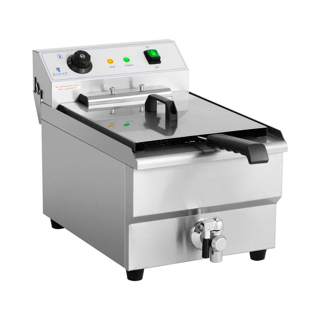 Royal Catering Kommerzielle Fritteuse Kapazität 16 l 6000 W 400 V 50-200 °C Kaltzone Ablasshahn auto