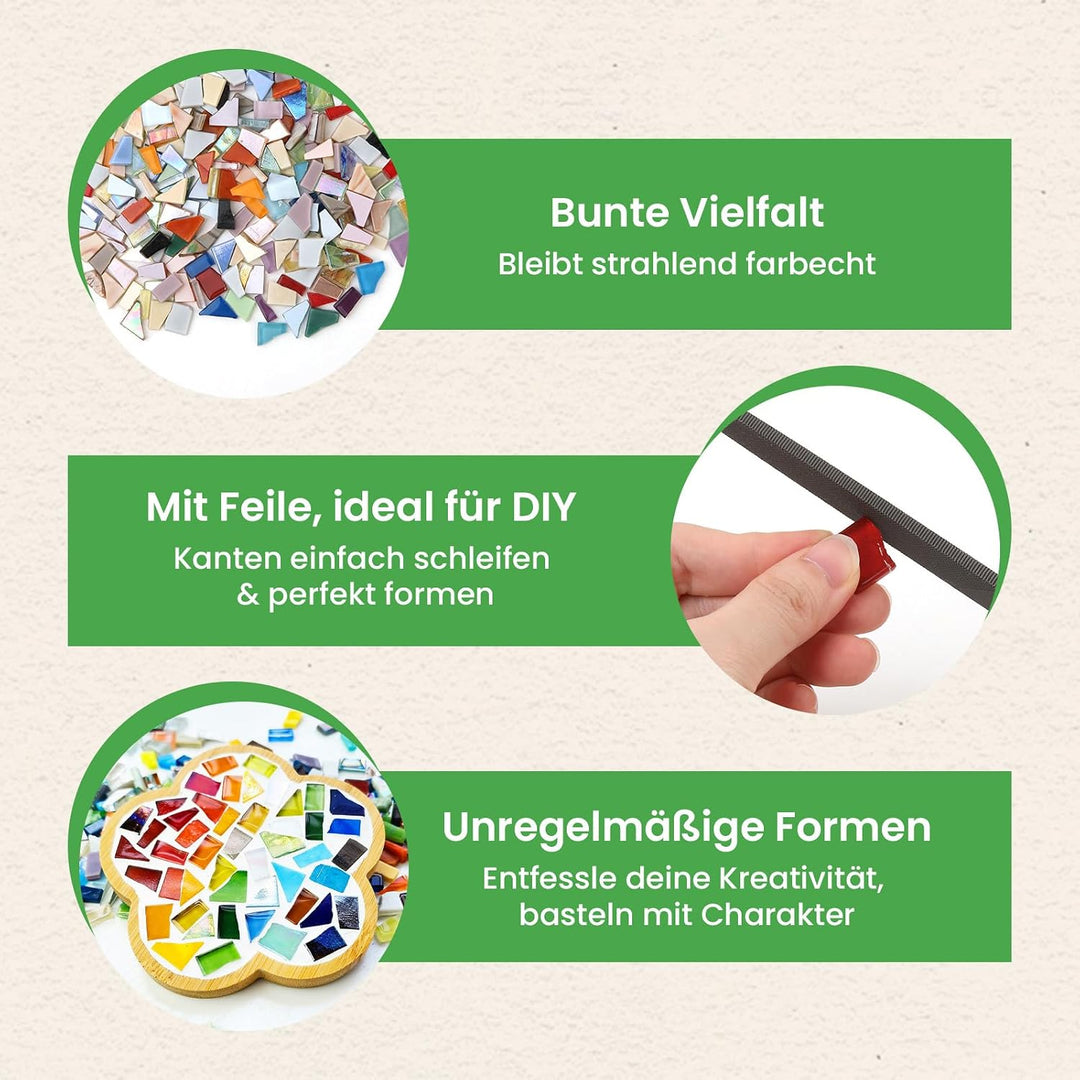 GEEKHOM 1kg Mosaiksteine zum Basteln, inkl. Feile - Mosaikfliesen Unregelmässig 0,5–1,5cm Regenbogen