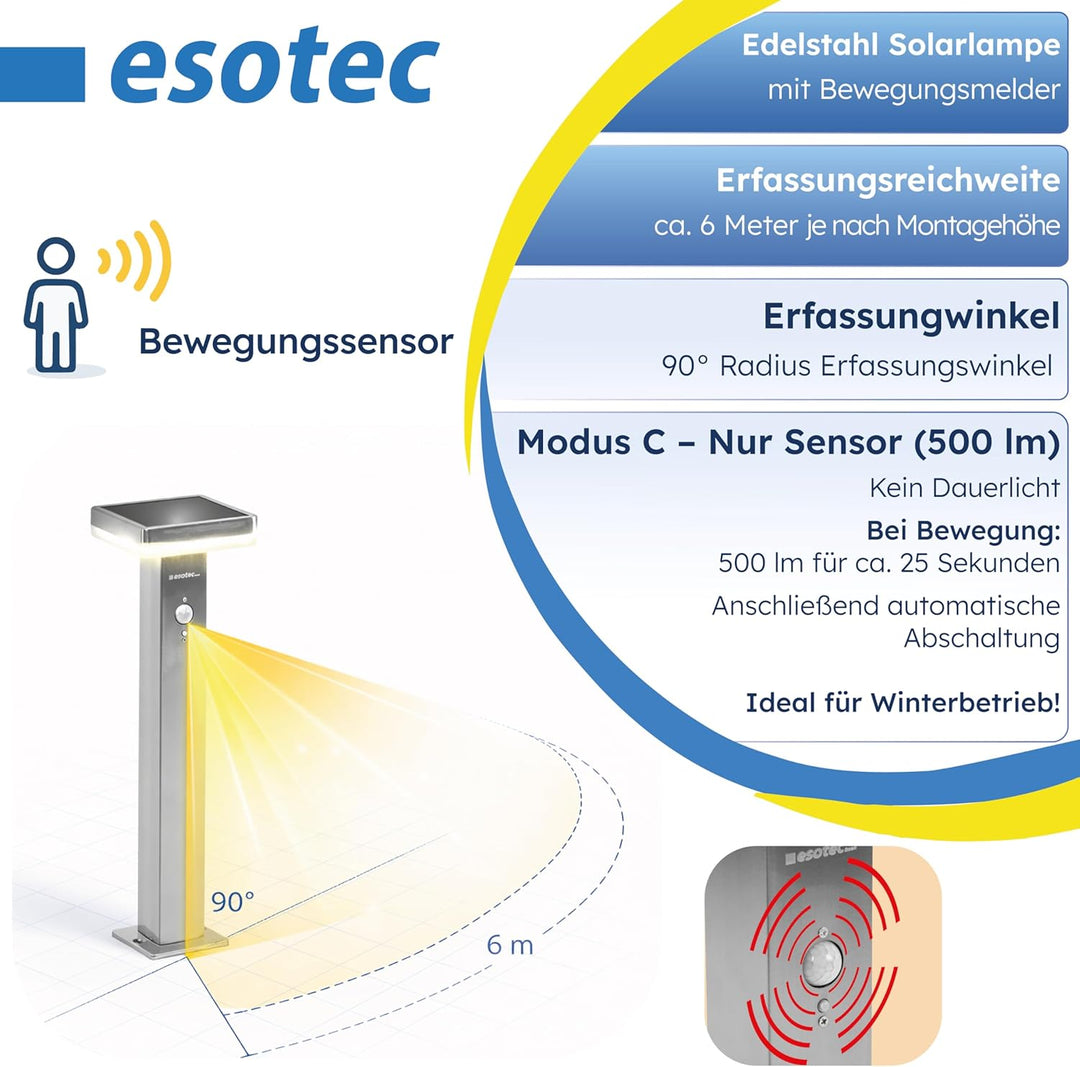 esotec Solar Gartenleuchte Standleuchte Amalia 44 mit Bewegungssensor, Edelstahl Glanz, 3 Betriebsmo
