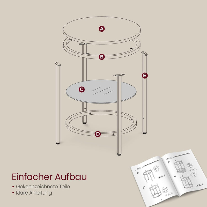 VASAGLE Beistelltisch, Nachttisch mit 2 Ebenen, Holzspanplatte, Hartglas, für Wohnzimmer, Arbeitszim