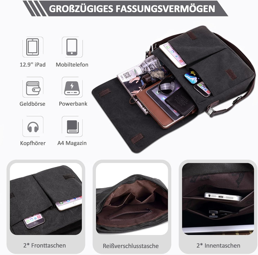 DORRISO Mode Umhängetasche Herren Schultertasche Canvas Schultertaschen für 14 Zoll Laptop Kuriertas