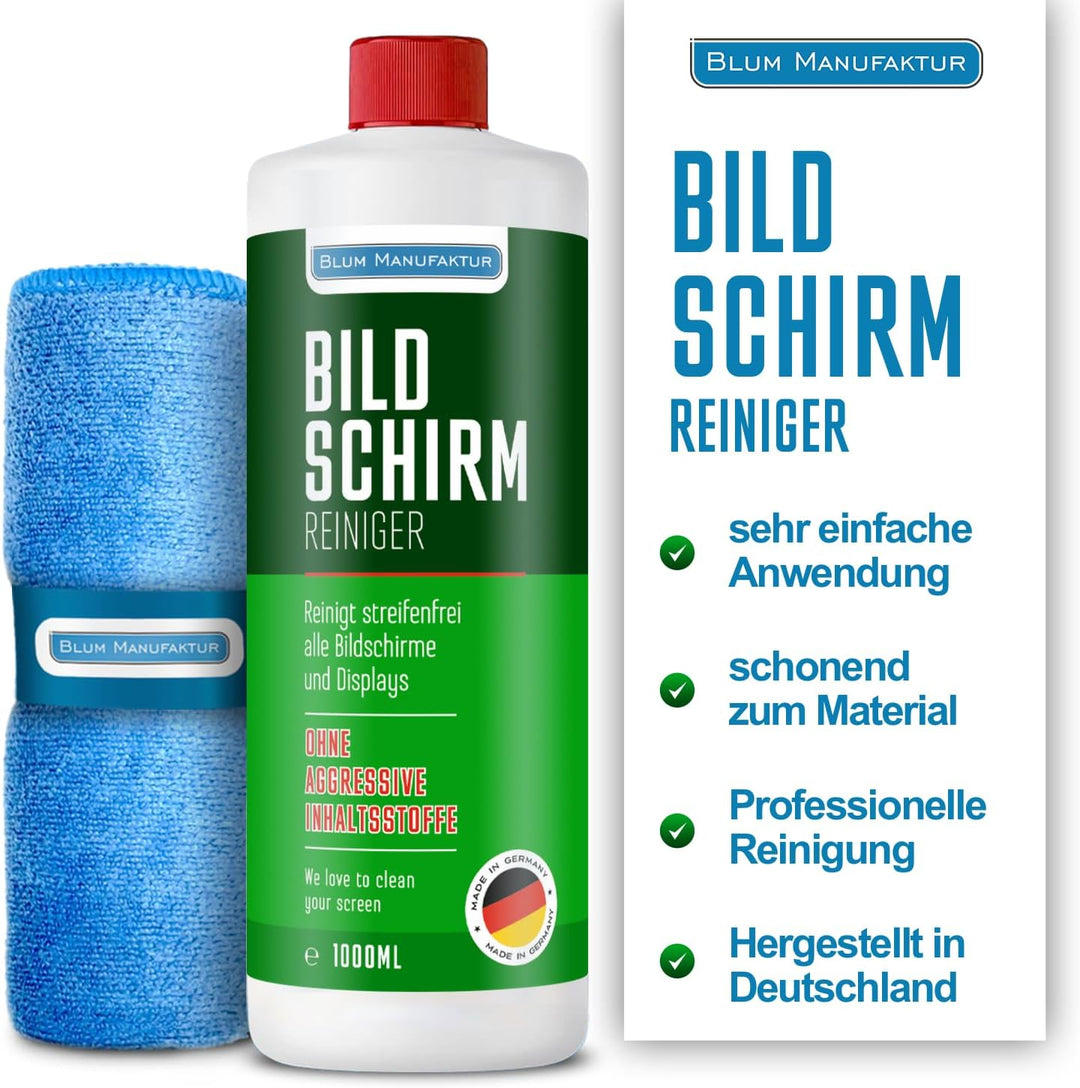 Blum Manufaktur 1000 ml Bildschirmreiniger + 30x30 cm Mikrofasertuch Supersoft 365GSM - Screen Clean