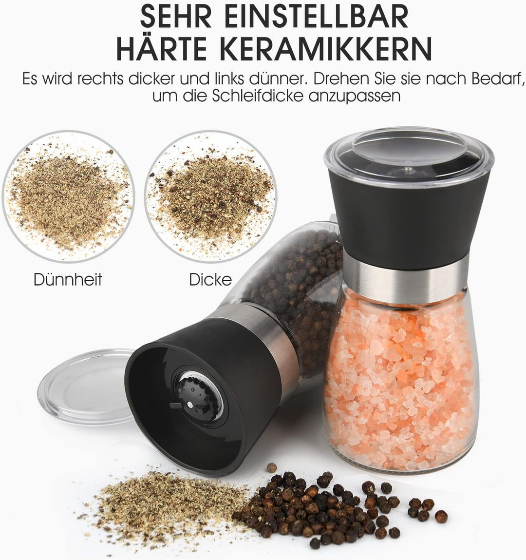Salzmühle & Pfeffermühle, Hotder Gewürzmühle mit einstellbarem Keramikmahlwerk, Pfeffermühlenset aus