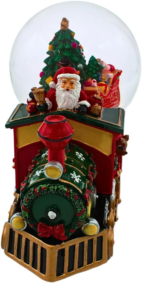 Schneekugel als Lokomotive mit Spielwerk, Schneemann, Weihnachtsmann und Tannenbaum, Sockel als Lok,