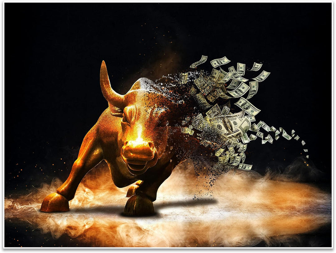 wandmotiv24 Poster als Wanddeko, Grösse 80x60cm, Goldener Stier, Dollar, Geldscheine, Geld, Tier, Mo