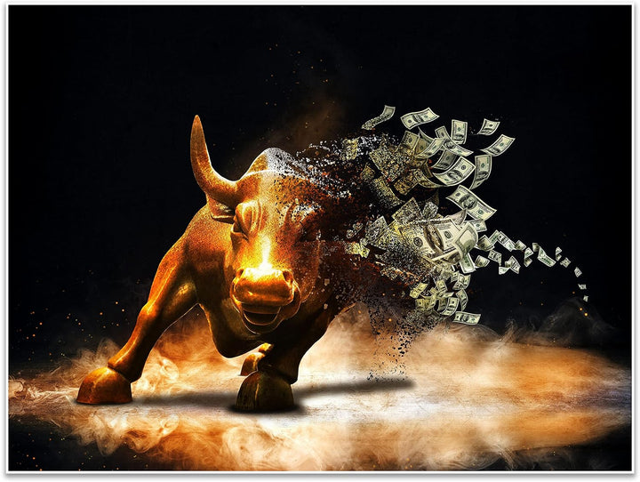 wandmotiv24 Poster als Wanddeko, Grösse 80x60cm, Goldener Stier, Dollar, Geldscheine, Geld, Tier, Mo