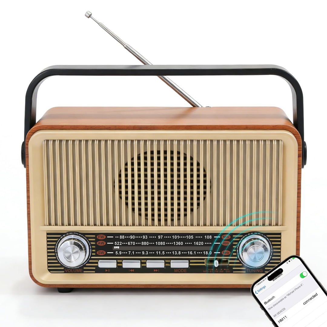 Retro Radio mit Bluetooth, Kofferradio Batteriebetrieben oder mit Stromkabel, Nostalgie Küchenradio