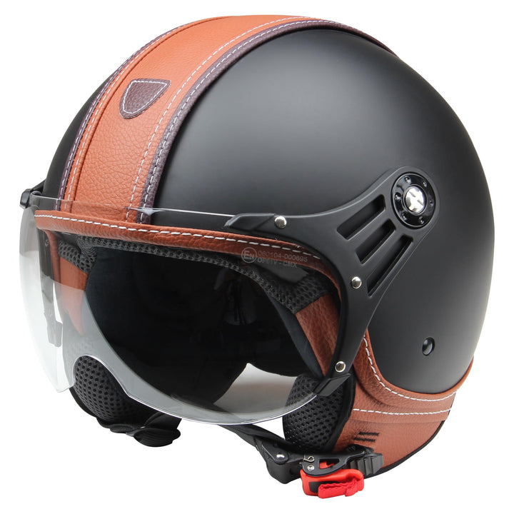 Motorradhelm Jethelm Rollerhelm CMX Hazel Grösse M matt schwarz mit braunem Leder und klarem Visier,
