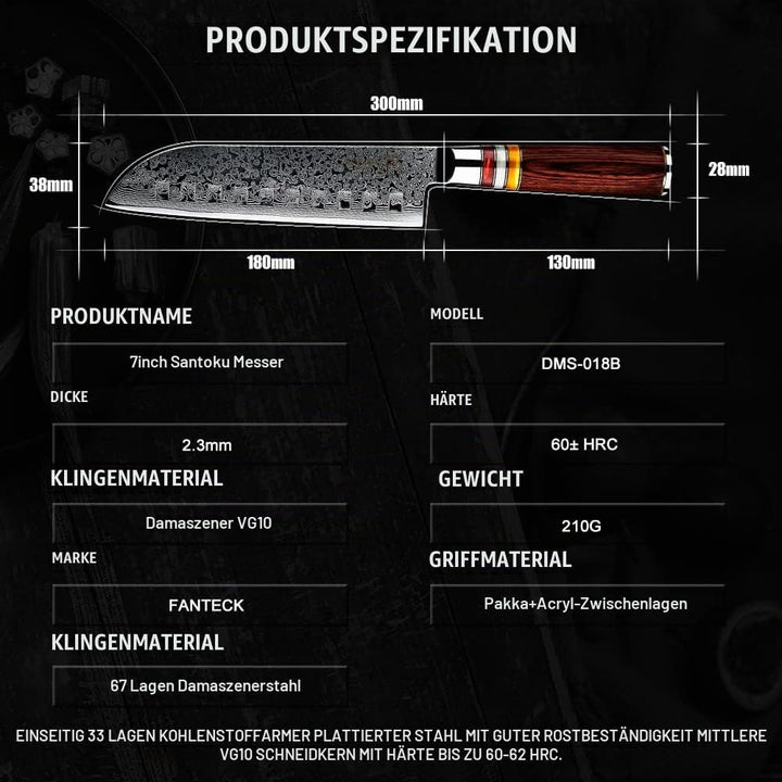 Damast Santokumesser 18cm, VG-10 Cored 67 Schichten Japanischen Damaststahl Profi Kochmesser, Extra