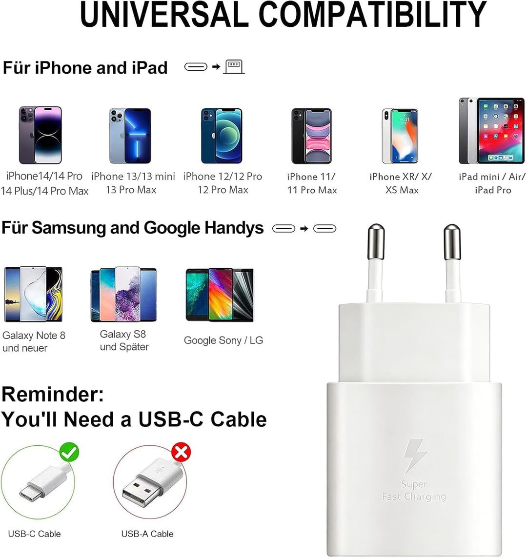 2er-Pack 25W USB C Schnellladegerät für Samsung Galaxy S26 S25 S24 S23 S22 S21 S20 FE Ultra Plus, A5