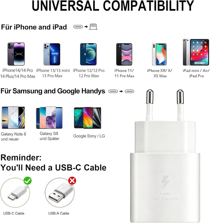 2er-Pack 25W USB C Schnellladegerät für Samsung Galaxy S26 S25 S24 S23 S22 S21 S20 FE Ultra Plus, A5