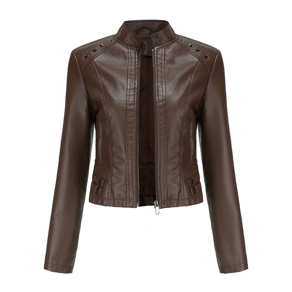 YYNUDA Damen Lederjacke Kurz Bikerjacke Stehkragen Reissverschluss Leder Jacke Übergangsjacke für He