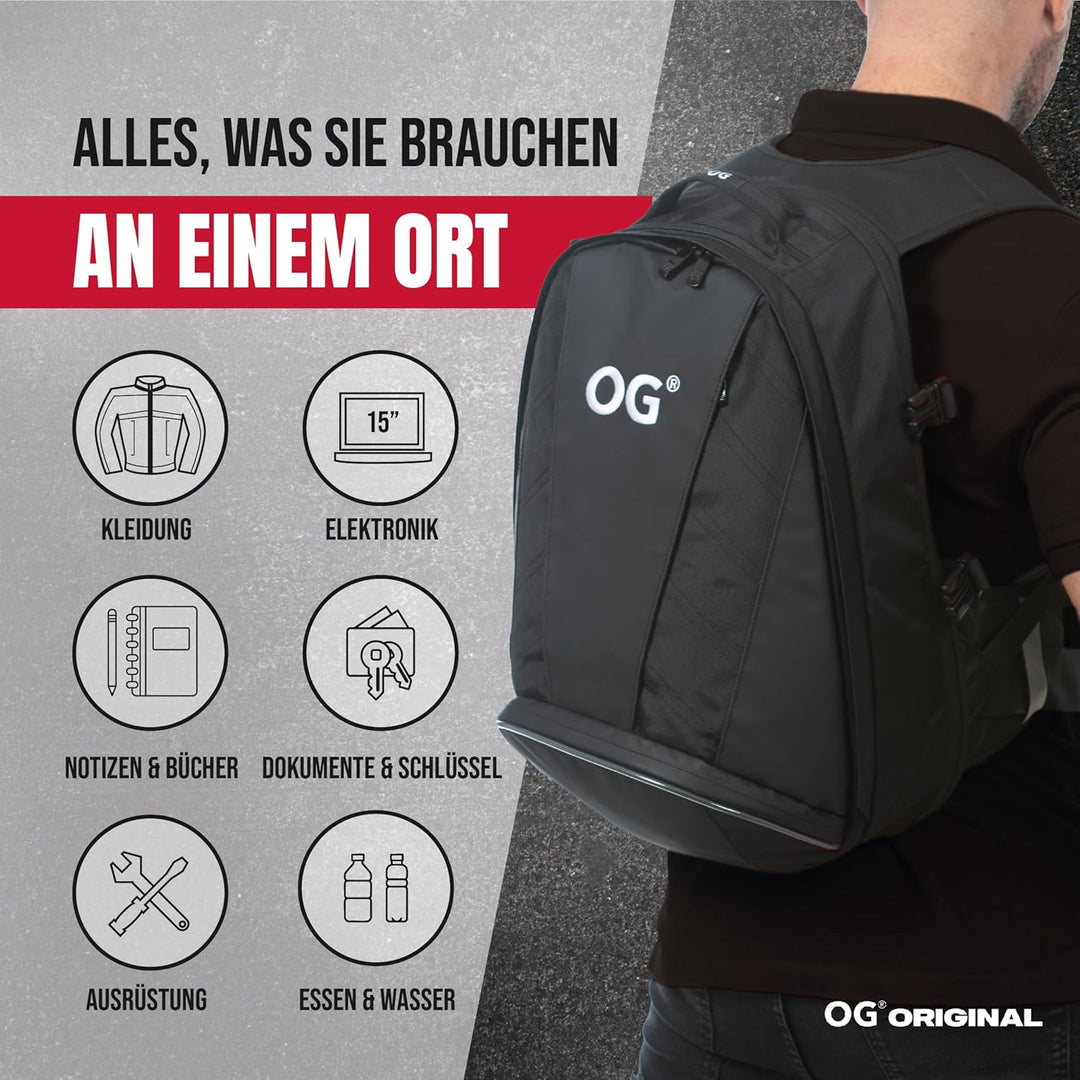 OG Original EZ-RiderPRO Motorrad Rucksack Schwarz Erweiterbar 28-35L, Motorradhelm-Tasche, Helm-Trag