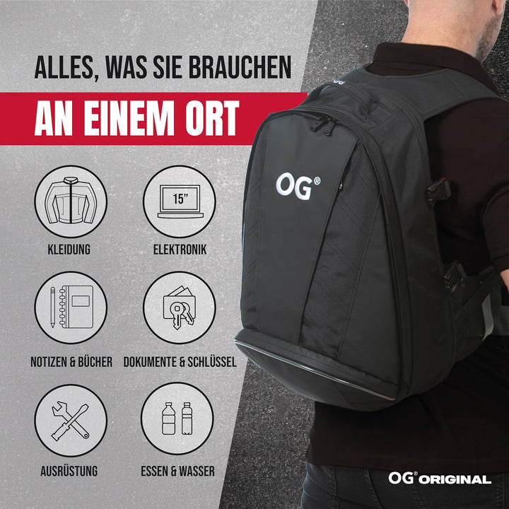 OG Original EZ-RiderPRO Motorrad Rucksack Schwarz Erweiterbar 28-35L, Motorradhelm-Tasche, Helm-Trag