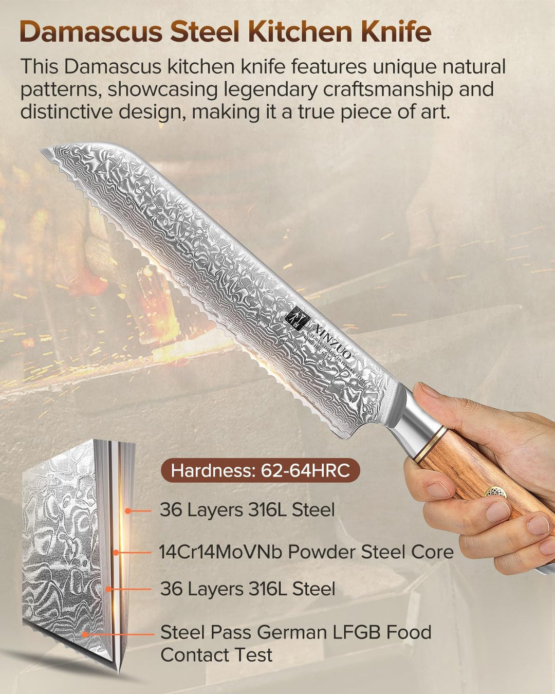 XINZUO Damaststahl Brotmesser 21.2cm, Damastpulverstahl 73 Schichten Küchenmesser, Profi Scharf Dama
