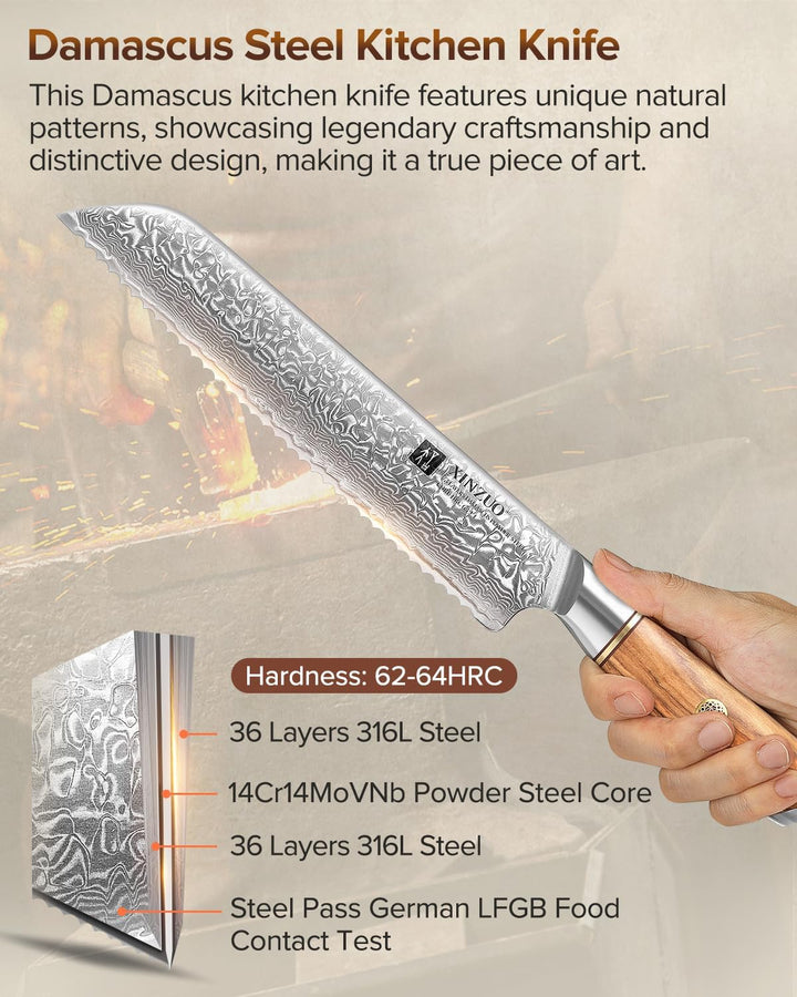 XINZUO Damaststahl Brotmesser 21.2cm, Damastpulverstahl 73 Schichten Küchenmesser, Profi Scharf Dama