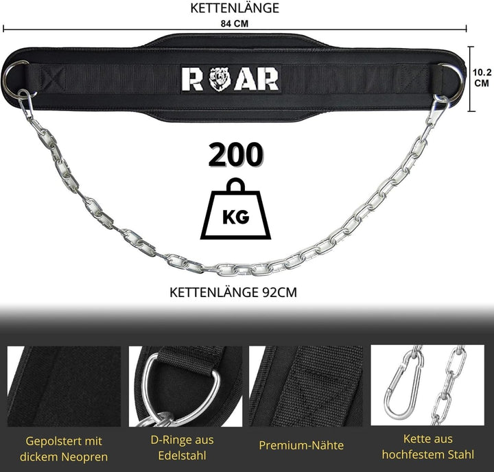 Roar® Gym Belt Men, Gym Gürtel, Gürtel Gewichtheben, Gewicht Gürtel Mit Kette, Dip Belt, Gürtel Fitn