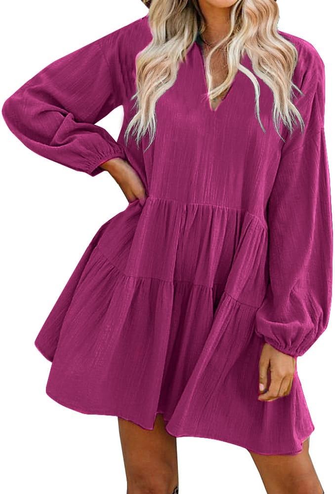 FANCYINN Damen Cute Shift Kleid mit Taschen Glockenärmel Rüschen Saum V Ausschnitt Lose Swing Tunika