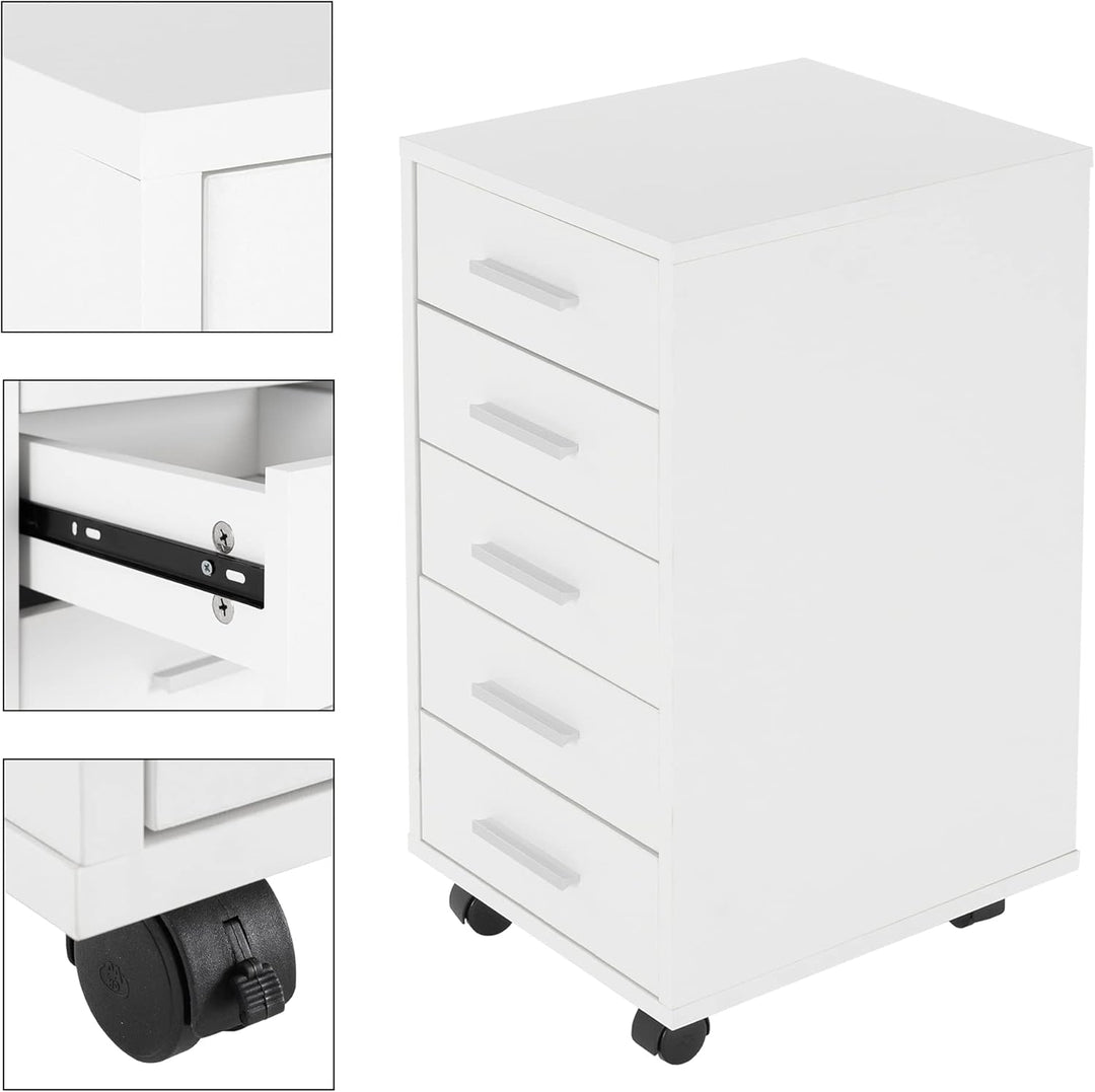 ML-Design Rollcontainer mit 5 Schubladen, 33x38x63,5 cm, Weiss, aus Holz, Aluminium-Griffe, Mobiler