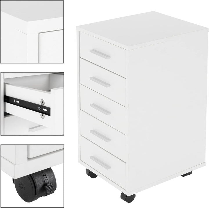 ML-Design Rollcontainer mit 5 Schubladen, 33x38x63,5 cm, Weiss, aus Holz, Aluminium-Griffe, Mobiler