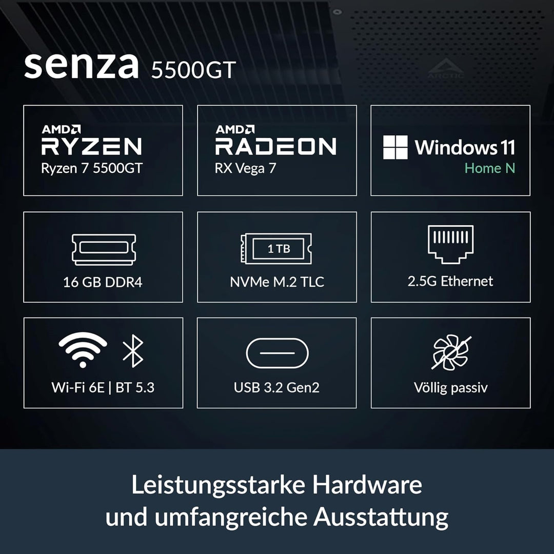 ARCTIC Senza 5500GT - Passiv gekühlter, lautloser PC zur Montage unter dem Tisch, Windows 11 Home, A