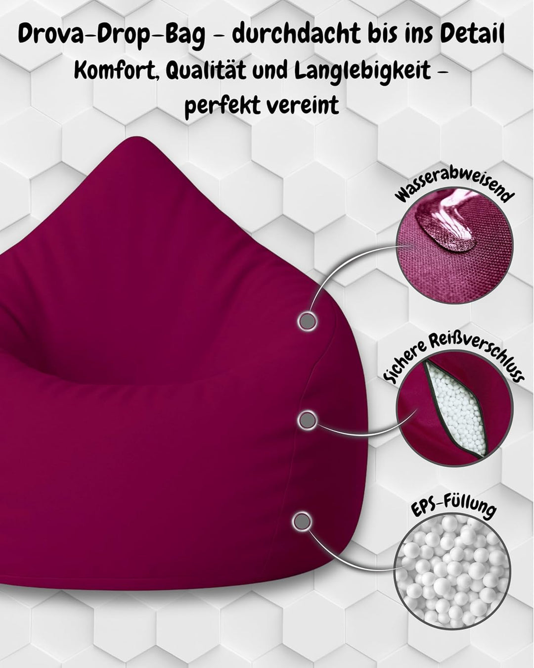 PATCH HOME Patchhome Sitzsack Tropfenform mit Reissverschluss Nachfüllbar - für In &amp; Outdoor - mit S