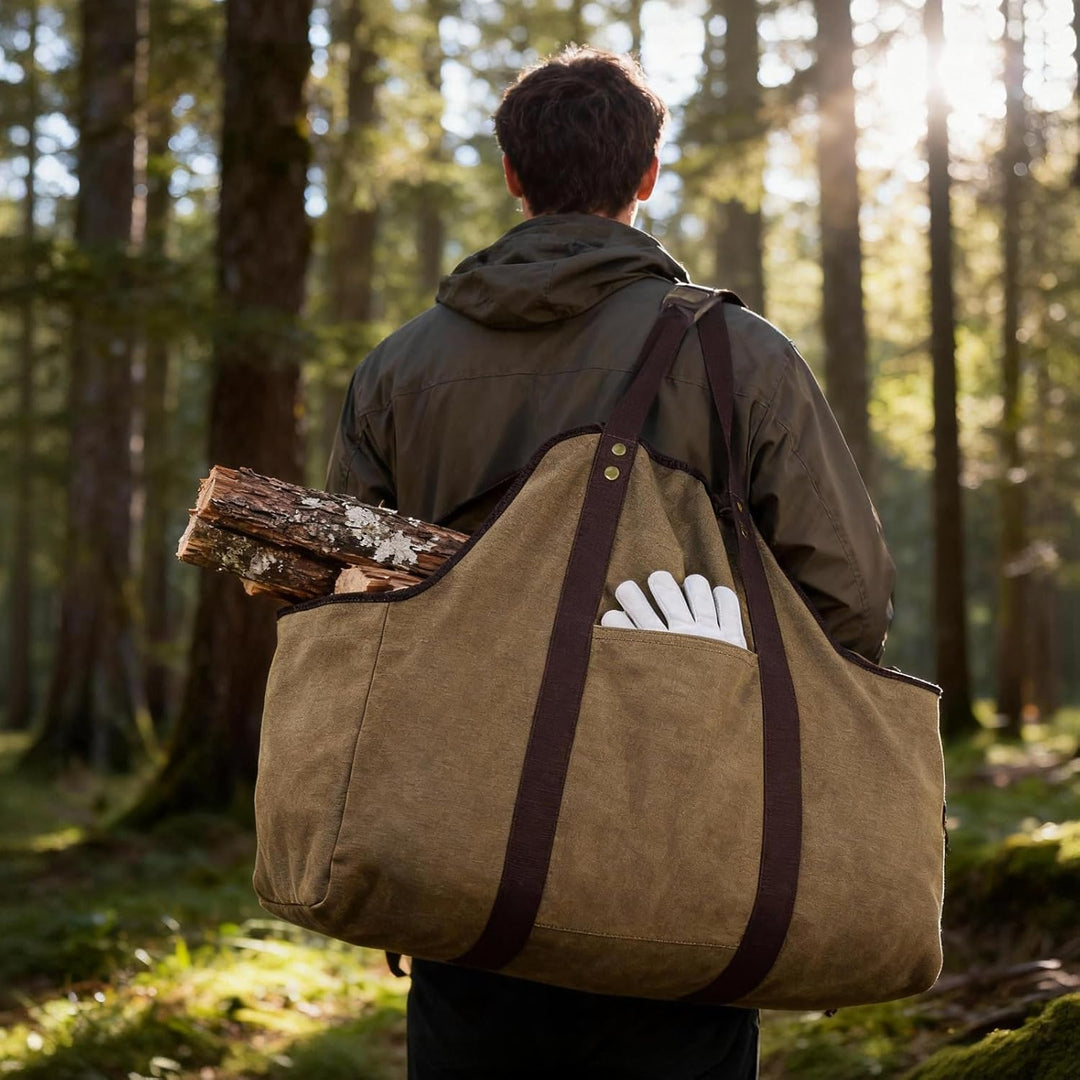 Kaminholzkorb Gross, 60 x 30 x 50cm Holzkorb mit Handschuhen für Kaminholz zum Transportieren und Au
