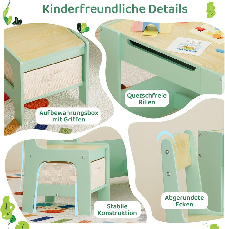 MAMIZO Kindertisch mit 2 Stühlen, 3 in 1 Kinder Tisch Stuhl Set, Kindermöbel Set aus Holz mit Staura