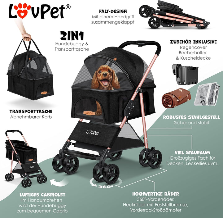 LOVPET® Hundewagen 2in1 Hundebuggy Hundebox Transporttasche Faltbar klappbar bis 20kg Haustiere Bugg