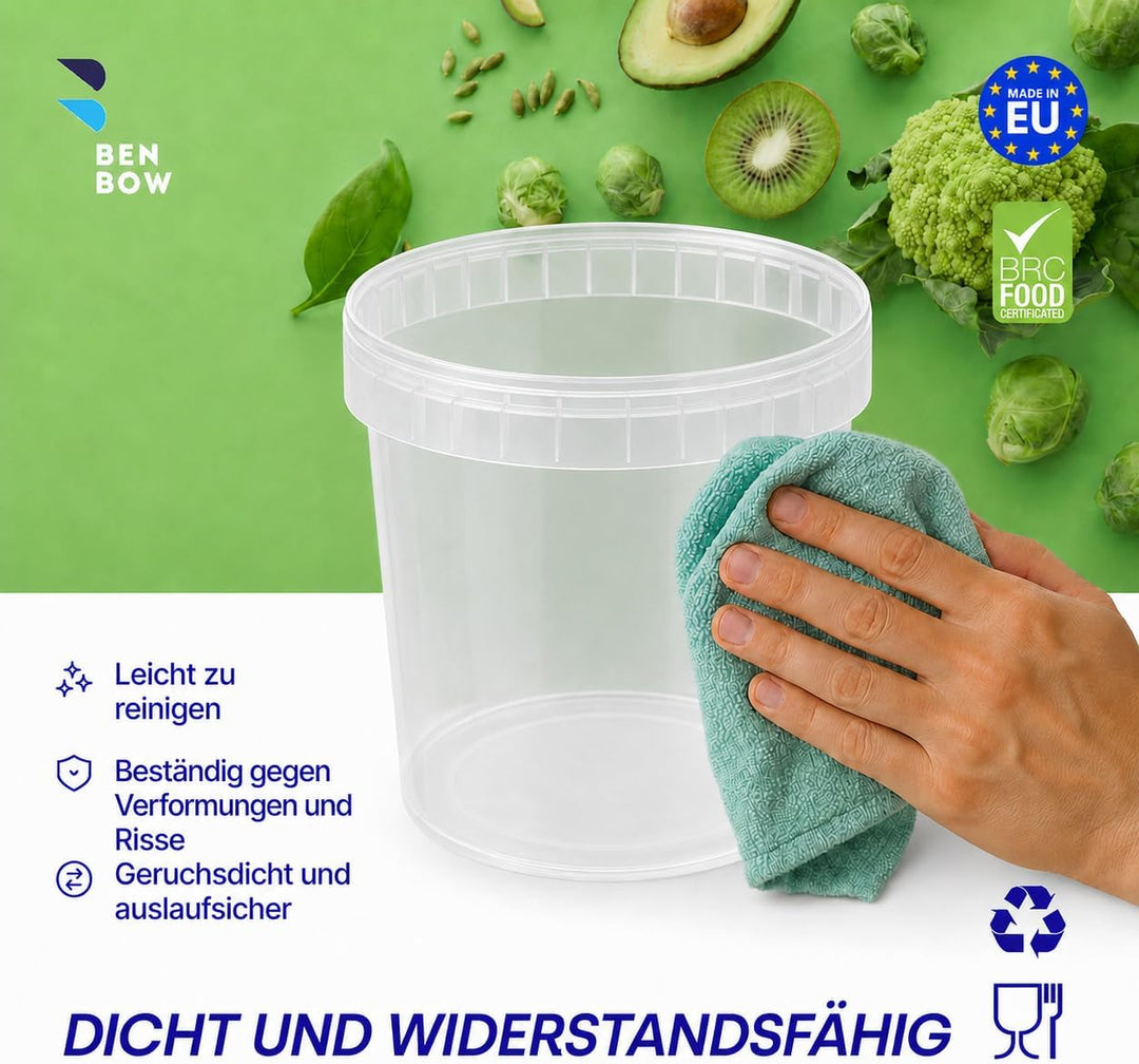 BenBow Eimer mit Deckel 1l Transparent 20x 1 Liter - lebensmittelecht, stabil, luftdicht, auslaufsic