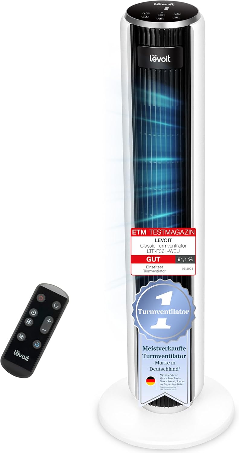LEVOIT 28dB leiser Turmventilator mit Fortschrittlichem Schlafmodus,7m/s Ventilator mit Fernbedienun