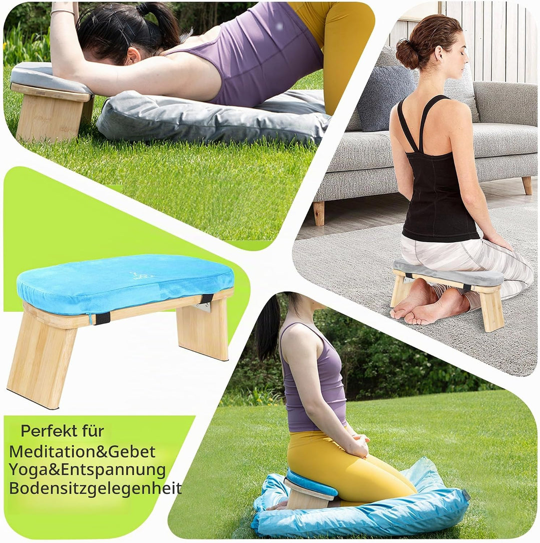 Meditationsbank Klappbar, Ergonomischer Bambus Yoga Hocker, Meditationshocker mit Kissen, Tragbarer