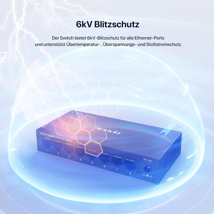 Tenda LAN Switch 8 Port Gigabit Netzwerk Switch Ethernet Splitter (IGMP-Snooping, QoS, Plug-and-Play