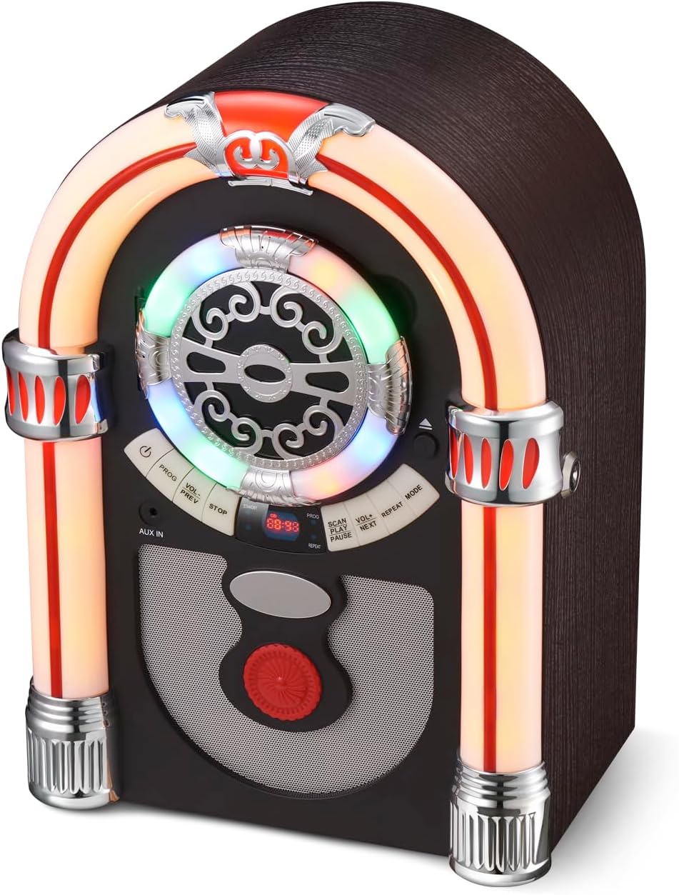 Retro Jukebox Musikbox mit CD-Spieler, Musikanlage Nostalgie Design, Bluetooth, Vintage FM/UKW Radio