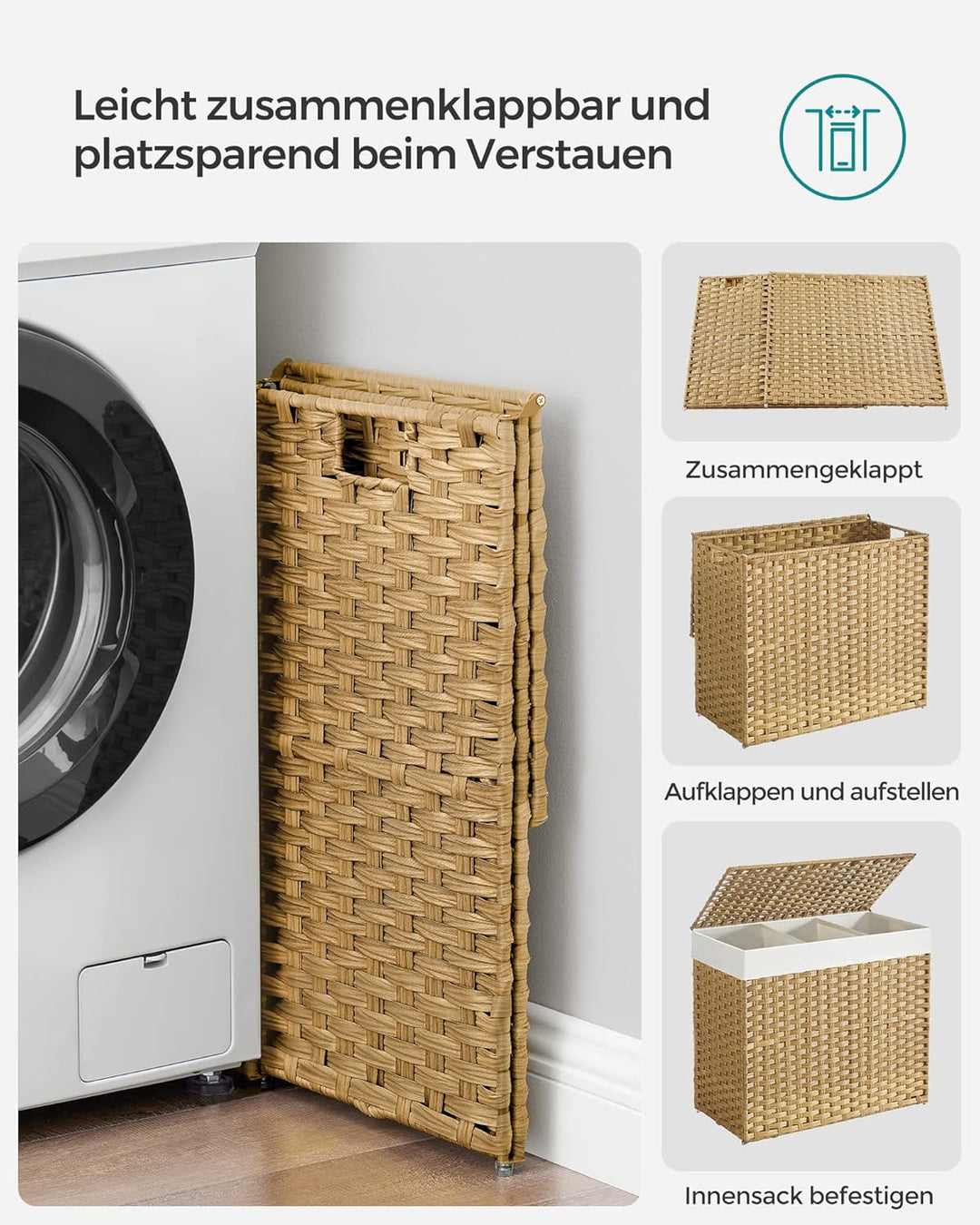 SONGMICS Wäschekorb mit Deckel, 160 L, Wäschesammler 3 Fächer, Wäschesortierer mit Rollen, in Rattan