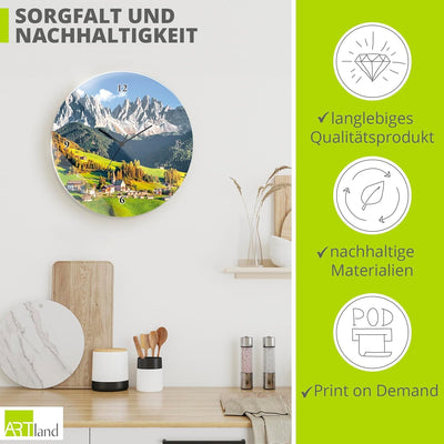 ARTLAND Wanduhr ohne Tickgeräusche Glas Funkuhr Ø 30 cm Rund Lautlos Alpen Landschaft Berge Natur Fr