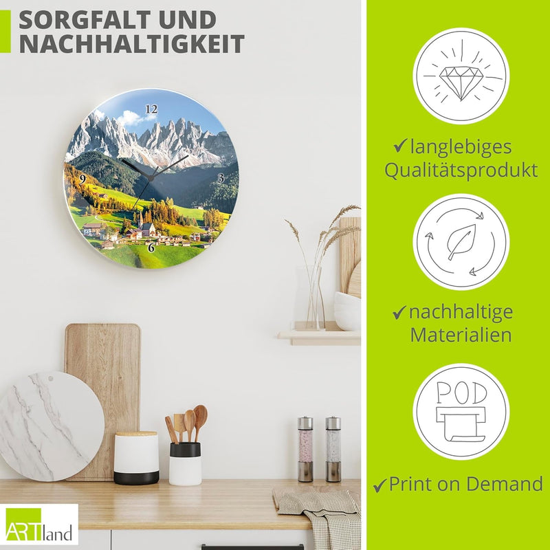 ARTLAND Wanduhr ohne Tickgeräusche Glas Quarzuhr Ø 30 cm Rund Lautlos Alpen Landschaft Berge Natur F