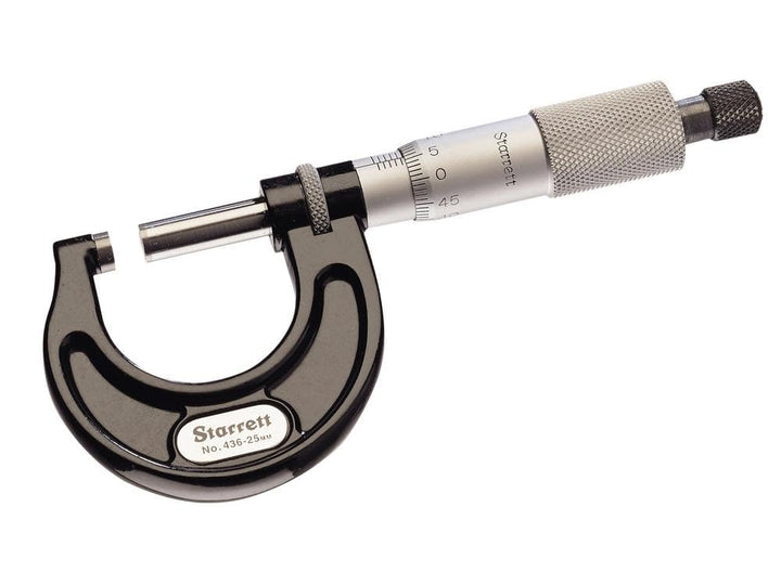 Starrett 436.1MXRL-25 Aussenmikrometer, Ratschenanschlag, Kontermutter, Hartmetallflächen, Bereich 0