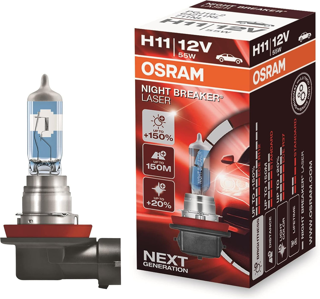 Osram NIGHT BREAKER LASER H11, +150% mehr Helligkeit, Halogen-Scheinwerferlampe, 64211NL, 12V PKW, F
