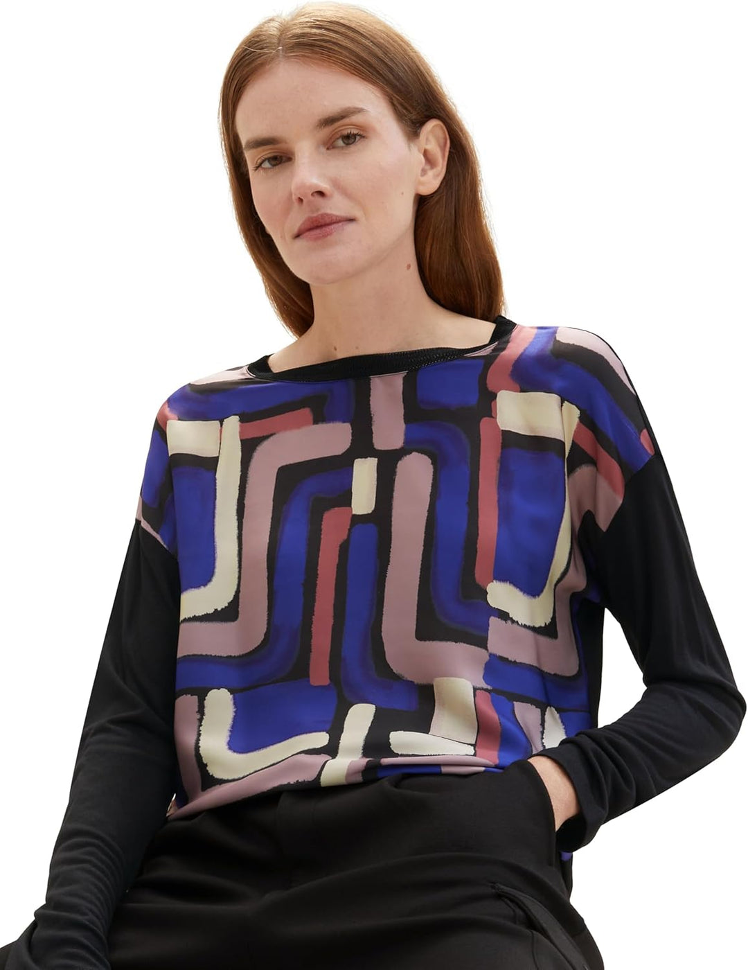 TOM TAILOR Damen Basic Langarmshirt mit Muster XXS 33970 - Black Abstract Design, XXS 33970 - Black