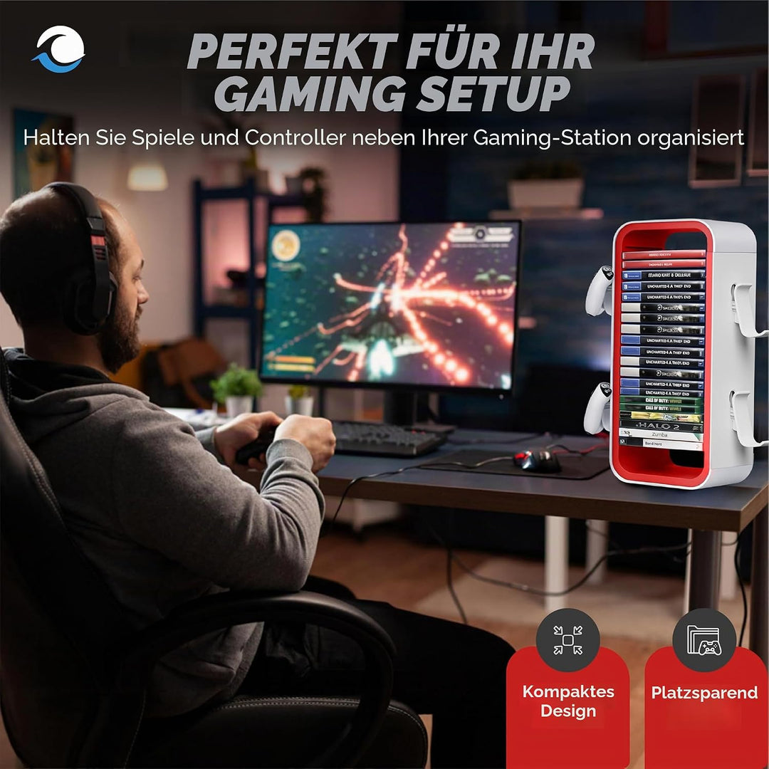Universal Games Storage Tower Pro - Bis zu 18 Spiele - Mit Controller Halterung für bis zu 4 Gamepad