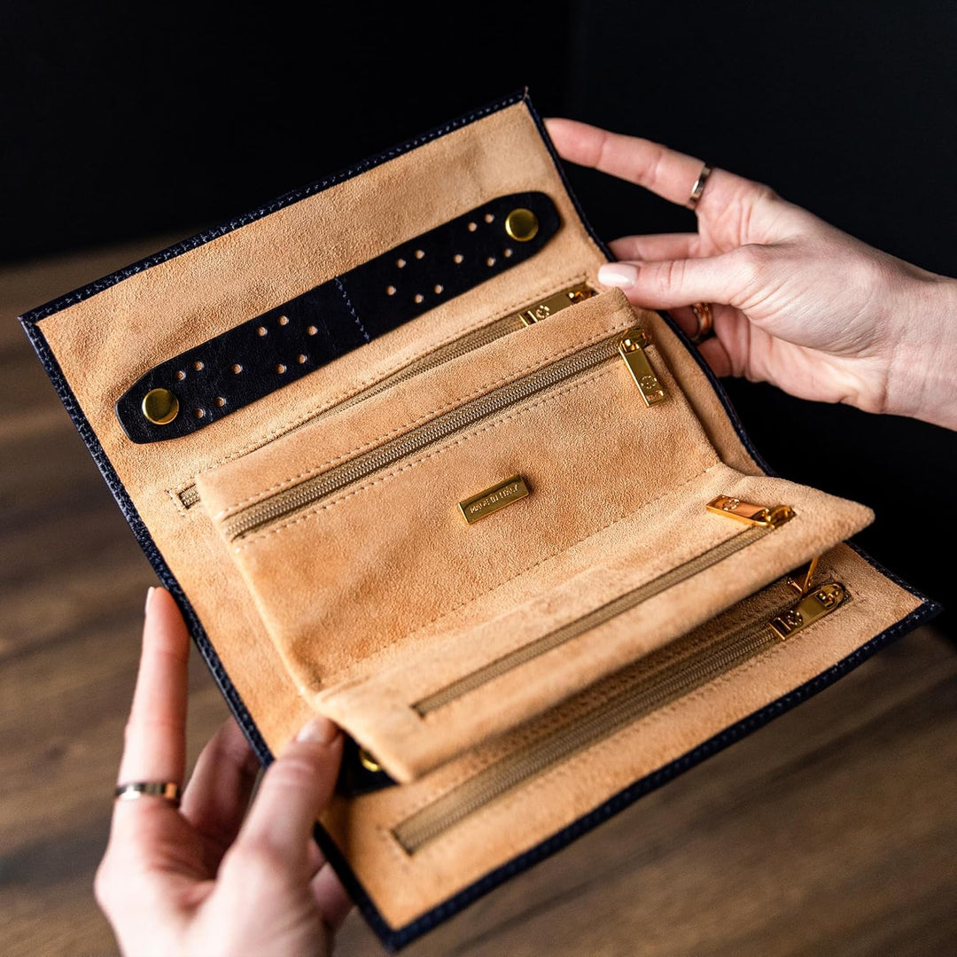 Time Resistance Blau Leder Schmuck Organizer – 100% Leder Schmuckrolle für Reisen Hergestellt in Ita