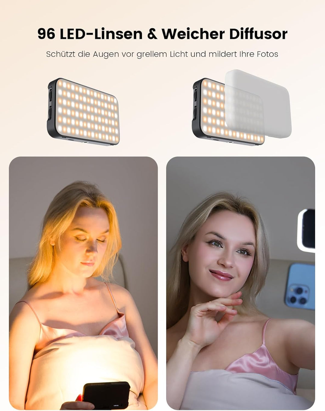 96 LED Selfie Licht mit Soft-Diffusor, Handy Licht Stativadapter für Telefon Laptop Tablet,2500K-990