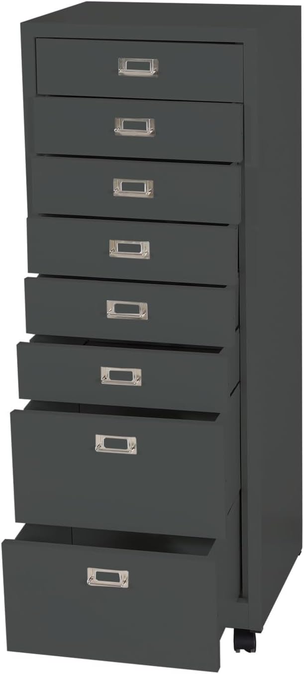 PROREGAL Rollcontainer, HxBxT 115x40x41 cm, Metall 8 Schubladen, Dunkelgrau, Schubladenschrank Stahl