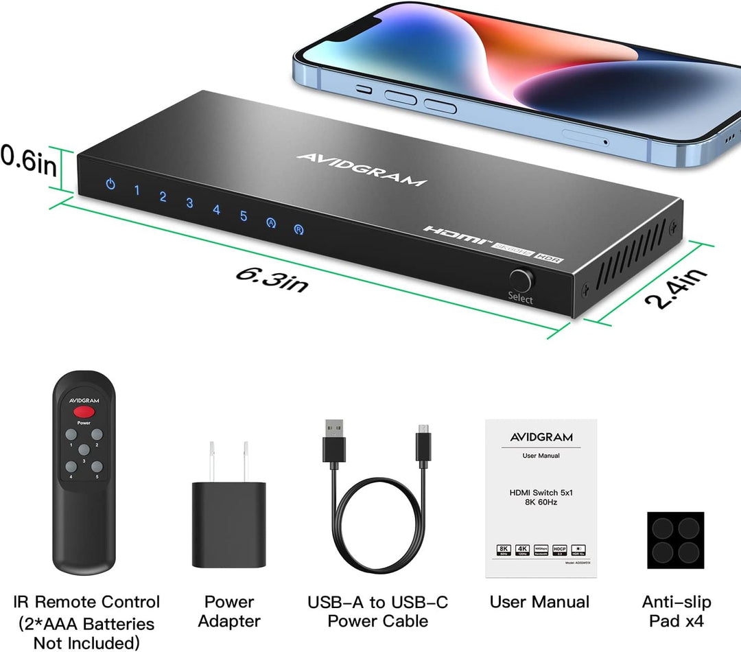 HDMI 2.1 Switch 4K 120Hz, AVIDGRAM 8K HDMI Umschalter 5 In 1 Out mit IR-Fernbedienung, Selector Swit