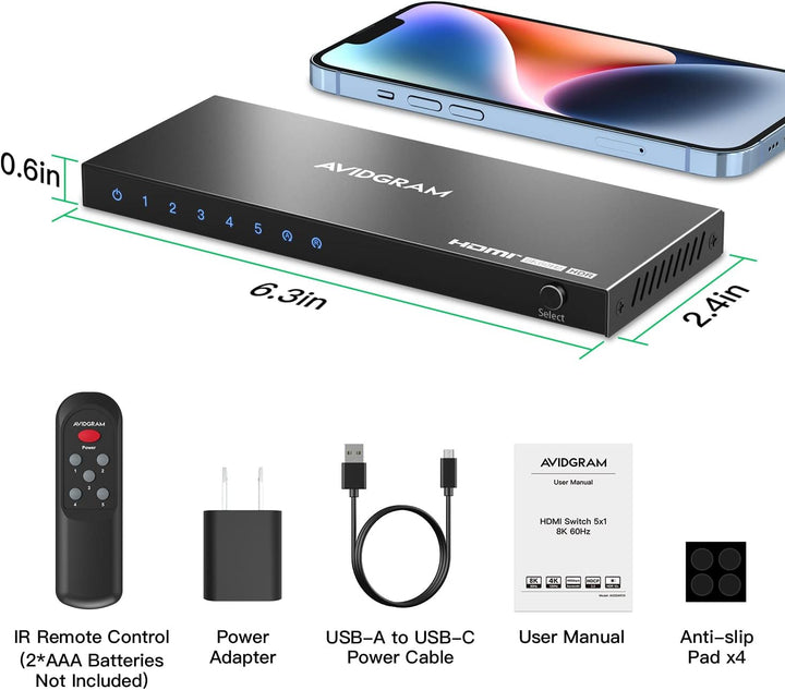 HDMI 2.1 Switch 4K 120Hz, AVIDGRAM 8K HDMI Umschalter 5 In 1 Out mit IR-Fernbedienung, Selector Swit